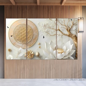 Arbre de vie, lotus en fleurs, peinture 3D Le cercle d'or or blanc, art spirituel bouddhiste, cadeau de pendaison de crémaillère, art mural 3D moderne personnalisé