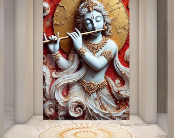 May include: A white statue of a Hindu deity playing a flute, with a gold halo and intricate details. The statue is set against a red and gold background.