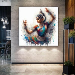 Shringar, lienzo grande de arte mural del sur de la India, bailarina Bharatnatyam, decoración de sala de estar tradicional moderna y sencilla, pintura con pose de espejo