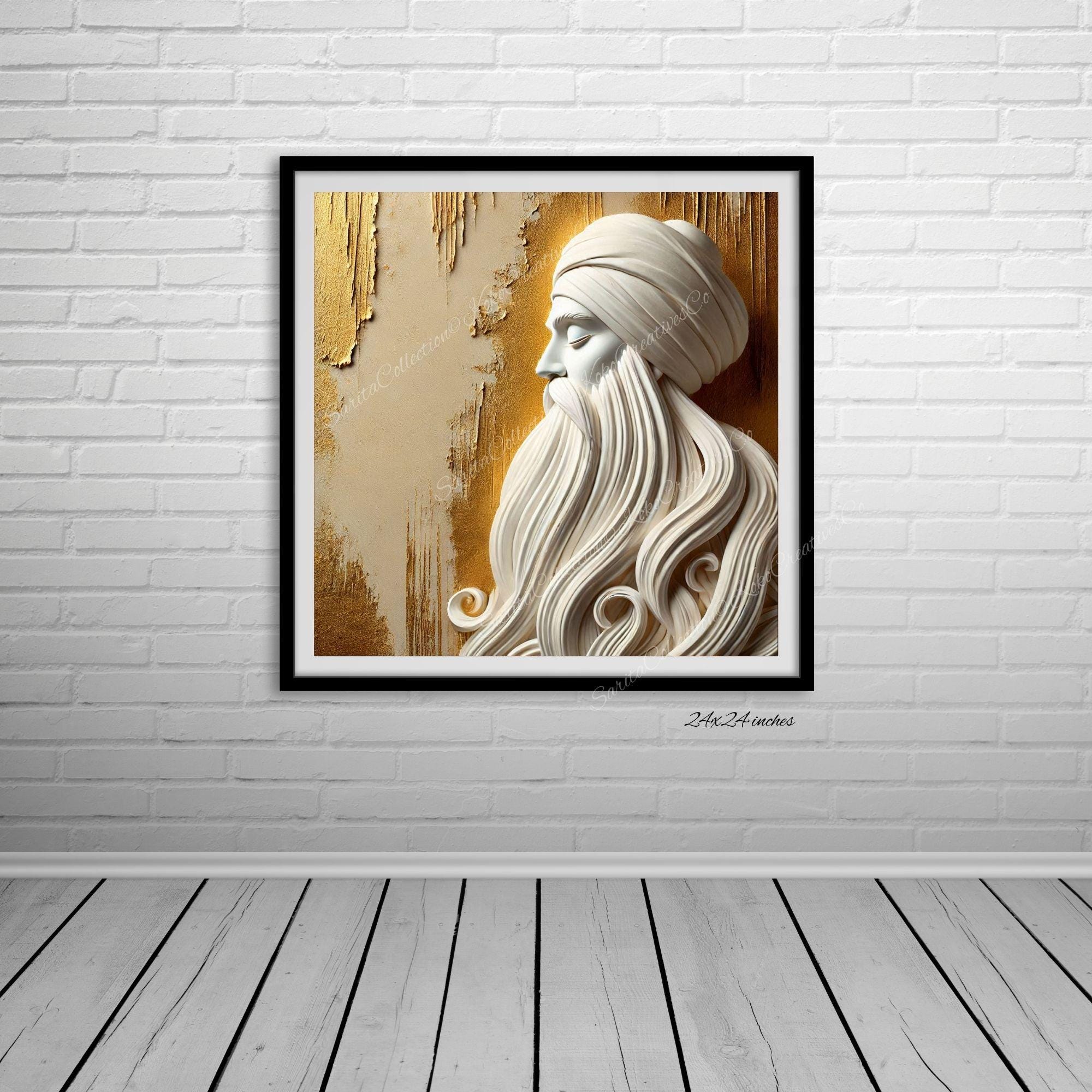 Guru Nanak Sikh Painting Gold Minimalist Indian Spiritual Art, Punjabi Home Decor 3D Modern Wall Art, Custom Paper Canvas Framed Glass Print