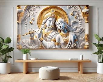 Peut inclure: Une œuvre d'art murale encadrée représentant une sculpture en relief de deux figures avec des accents dorés. L'une des figures joue de la flûte. L'œuvre est principalement blanche et dorée, avec un halo circulaire derrière les figures. L'œuvre est au-dessus d'un banc en bois.