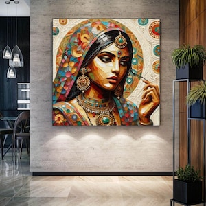 Enchanting, Beautiful Retro Bride Painting, Indian Princess Queen Woman Desi Modern Wall Art, Traditional Entryway canvas painting for Home