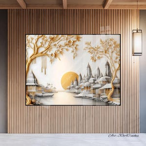 May include: A 3D wall art print featuring a white and gold cityscape with a large golden sun in the background. The cityscape is surrounded by trees with golden branches and white flowers. The art is 30x40 inches.