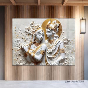 May include: A white and gold 3D wall art print depicting a couple in a romantic embrace. The couple is surrounded by floral details and a golden halo. The art is 36x48 inches.