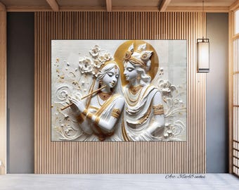 Radha Krishna Premium 3D White Gold Painting, Indian Spiritual Art, Housewarming Gift, Modern Wall Art, Mandir Mural Backdrop, Dancing Ras