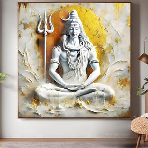 Tableau Seigneur Shiva, toile acrylique, papier, encadrée, oeuvre d&#39;art murale dieu indien hindou, blanc et or moderne, statue en pierre art 3D Puja Mandir