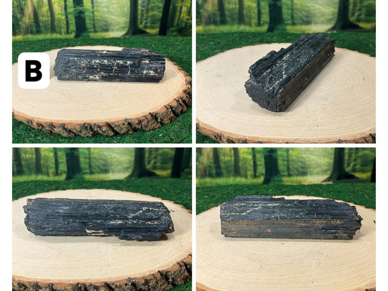 May include: Four images of raw black tourmaline crystals, each presented on a wooden slice. The crystals, with their rough texture, are set against a backdrop of green grass and trees. The crystals are a dark, almost black colour.