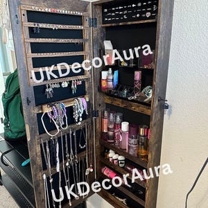 Wooden Wall Mounted Jewelry Armoire Organizer With Mirror | Jewelry Storage | Jewelry Organizer | Earring Organizer | Necklace Holder