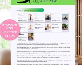 Può includere: Una guida di sfida di yoga di 30 giorni stampabile con uno sfondo verde e bianco. La guida presenta un programma settimanale con pose e istruzioni per ogni giorno. Il testo include "30 Day Yoga Challenge", "Week 1: Foundations and Breath", e "3 Popular Sizes US Letter A4 & A5".