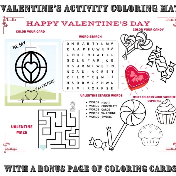 Valentine Activity Mat With Bonus coloring cards and games