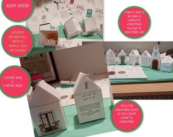 Puede incluir: Un calendario de adviento de Navidad hecho de casas de papel con un techo que se abre. Cada casa tiene un número y un versículo bíblico. Las casas miden 5 cm de ancho por 10 cm de alto. El calendario cuenta la historia de Navidad a medida que cuentas los días hasta Navidad. Cuando todas las casas están ensambladas, forman un pueblo navideño completo.