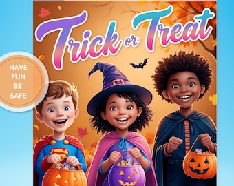 May include: Three children dressed in Halloween costumes are trick-or-treating. The child on the left is dressed as Superman and is holding a pumpkin-shaped bucket filled with candy. The child in the middle is dressed as a witch and is holding a purple pumpkin-shaped bucket filled with candy. The child on the right is dressed as a vampire and is holding an orange pumpkin-shaped bucket filled with candy. The background is a fall scene with leaves and trees.