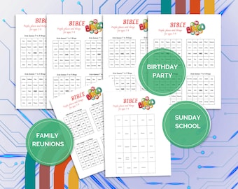 Bible Bingo for 20 kids ages 7-9  People and things in the Bible,  Minamalist design.  Family Reunion, Party Games, Sunday School Activity.