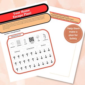May include: A printable worksheet for kids to create a home escape plan in case of a fire. The worksheet includes a house floor plan, a section for drawing escape routes, and a list of elements to cut, such as a mailbox, window, door, and a fire extinguisher. The worksheet also includes the text "Help them make a plan for safety".