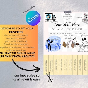 May include: A yellow and orange tear-off strip ad template with the text "Customize to fit your business" and "You have the skills, make sure they know about it!"  The ad is designed to be cut into strips for easy distribution.  The ad also includes a section for a business to list their services and contact information.