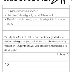 May include: A white study kit template with black text. The header reads HOW TO USE THIS STUDY KIT. It includes bulleted instructions, a quote from Joshua 1:8, and a footer note stating: Note: this page can be deleted from template.