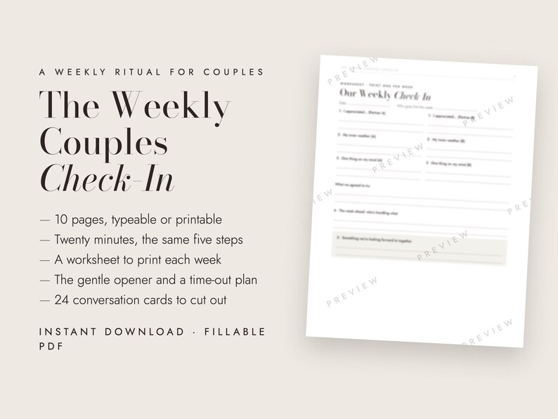Weekly Couples Check In Printable, Marriage Meeting Worksheets, 24 Conversation Cards, Therapist Made image 3