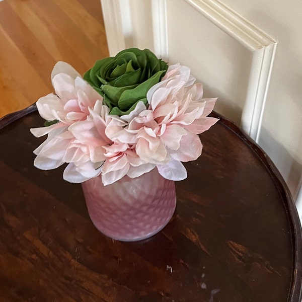 Pink GlassVase with  Pink Dahlias and Green Rose, Dining Room Centerpiece, Vintage look, Floral  Centerpiece