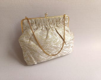 Vintage Gold Floral Brocade Evening bag, Retro Gatsby style silky cocktail purse with golden chain strap, kiss lock, circa 1920s