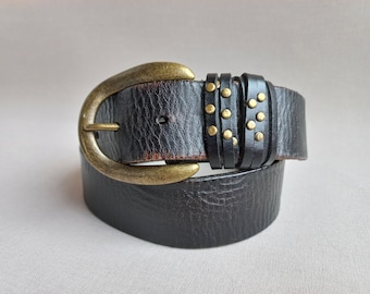 Black brown distressed leather belt LIEBESKIND Berlin 90 cm, boho style cow leather belt, vintage cowboy women's belt, black