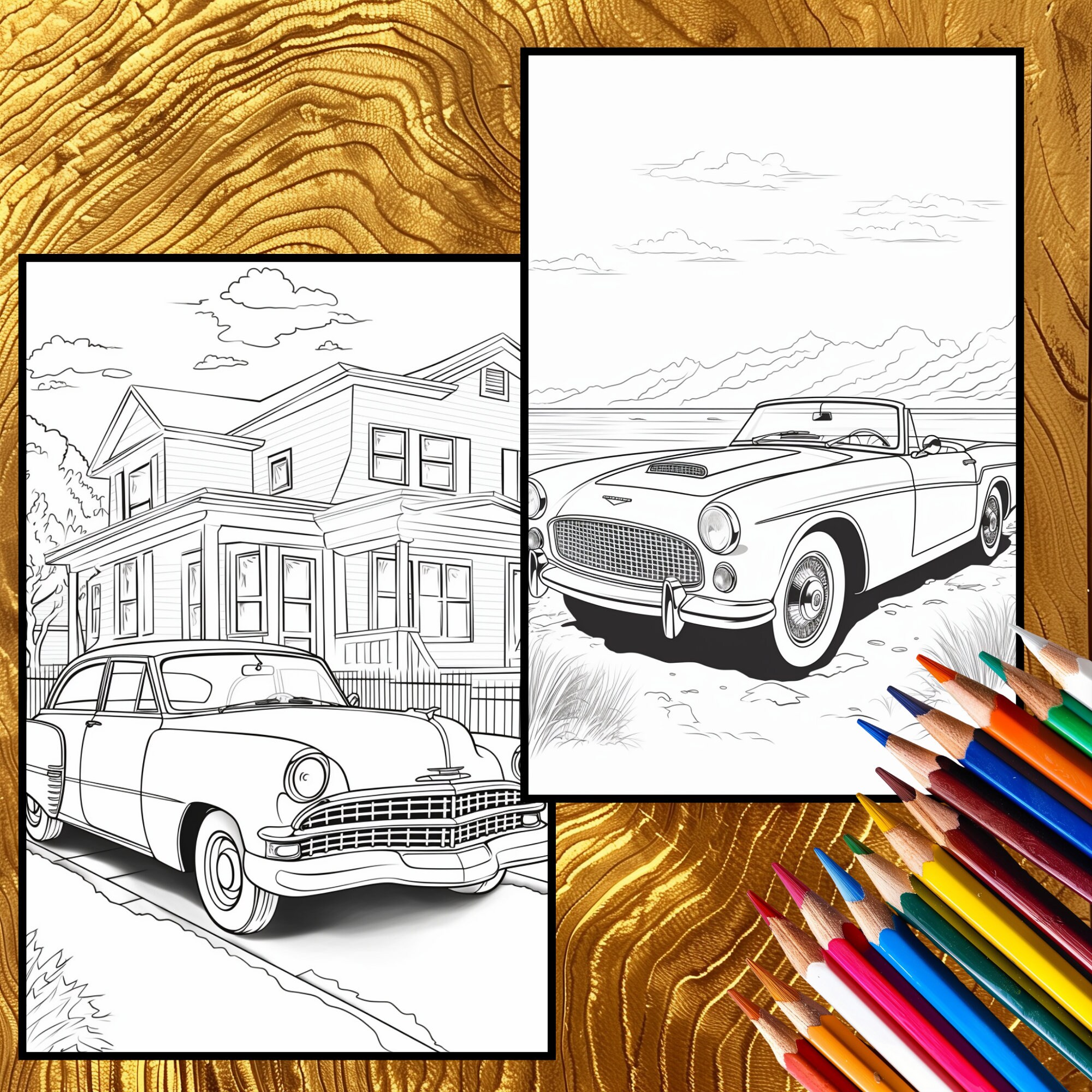 47 Vintage Cars Coloring Book - Classic Cars Adult Coloring Book, Retro ...