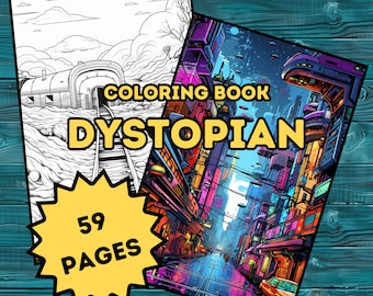 Dystopian Coloring Book - 59 Dark Designs, Digital Printable PDF, Sci-fi, cyberpunk coloring book, Adults Coloring Pages