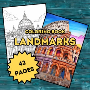 Landmarks Coloring Book - 42 Iconic Designs, Digital Printable PDF, Travel coloring book Relaxing, therapy colors, Adults Coloring Pages
