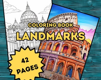 Landmarks Coloring Book - 42 Iconic Designs, Digital Printable PDF, Travel coloring book Relaxing, therapy colors, Adults Coloring Pages