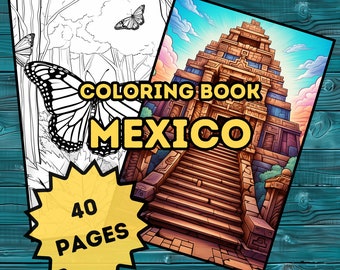 Mexico Coloring Book - 40 Vibrant Designs, Adult Coloring Pages, Digital Printable PDF, Instant Download, Travel, Mexican Mariachi, Kids
