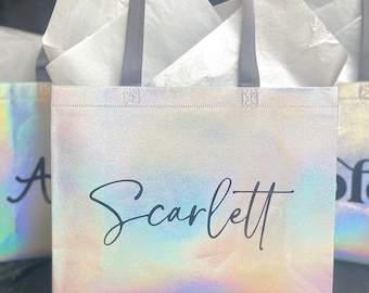 Personalized Holographic Tote Bag: Iridescent Gift Bag with Silver Tissue | For Special Occasions, Wedding, Birthday, Christmas