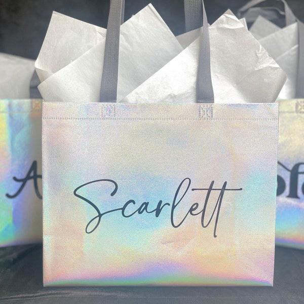 Personalized Holographic Tote Bag: Iridescent Gift Bag with Silver Tissue | For Special Occasions, Wedding, Birthday, Christmas
