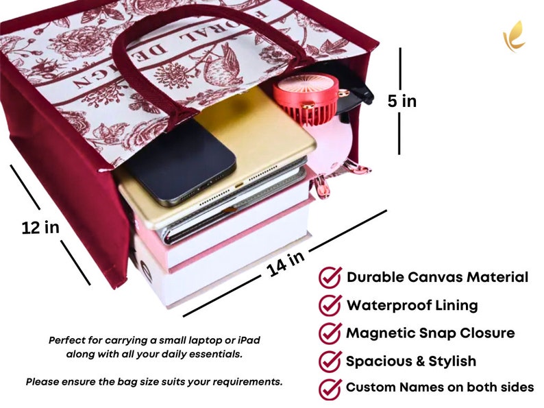 May include: A red and white floral tote bag with a 12-inch by 14-inch by 5-inch dimension. The bag is made of durable canvas material and has a waterproof lining. It features a magnetic snap closure and is spacious and stylish. The bag has custom names on both sides.