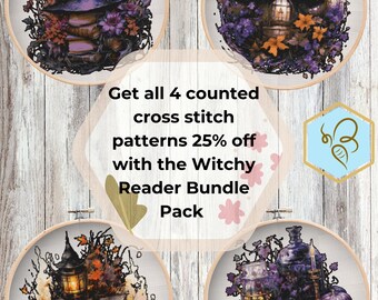 May include: Four counted cross stitch patterns featuring a witch, a book, a lantern, and a potion bottle. The patterns are framed in embroidery hoops and have a whimsical, magical theme. Get all 4 patterns for 25% off with the Witchy Reader Bundle Pack.