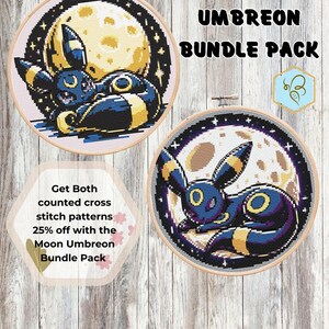 Peut inclure: Deux modèles de point de croix comptés représentant un Pokémon Umbreon noir et jaune dormant sur un croissant de lune. Les modèles sont dans des cerceaux à broder et sont disponibles en pack.