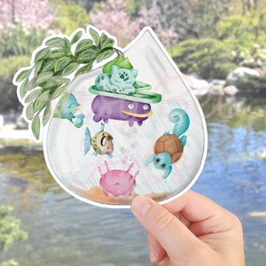 Water Type Grass Type Aquarium Terrarium Vinyl Sticker, Cute Indoor Plant Pothos Water-Resistant Sticker, Cute Anime Laptop Sticker,