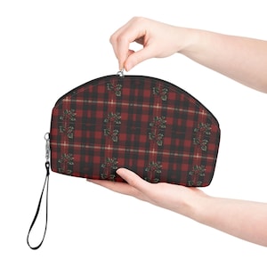 Red Plaid Makeup Bag - Stylish Cosmetic Pouch for Women, Checkered Toiletry Bag, Travel Organizer, Zipper Makeup Case, Tartan Beauty Bag,