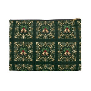 Festive Accessory Pouch, Holiday Gift Bag, Christmas Makeup Organizer, Green and Gold Pouch, Seasonal Storage Solution