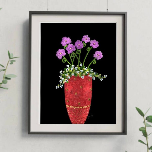 Printable wall art, original handmade creation, pretty red and gold vase with purple flowers on a black background, high resolution