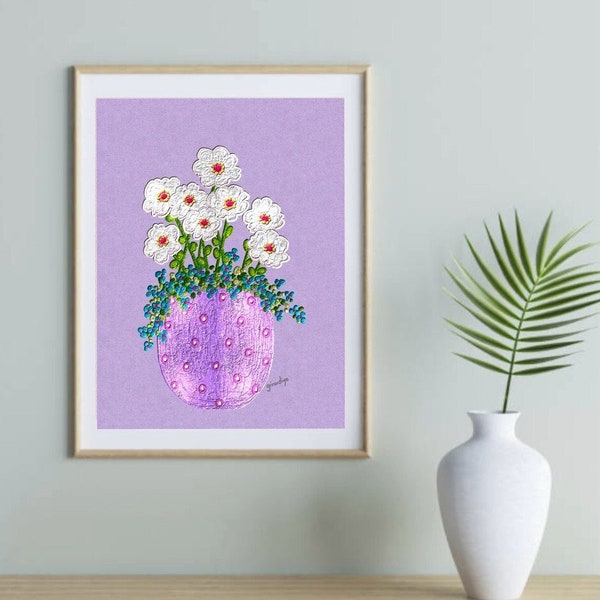 Printable wall art, original handmade creation, purple vase with white flowers