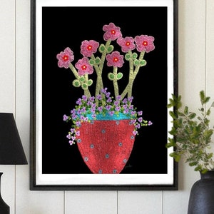 May include: A framed illustration of a red polka dot pot with pink flowers and purple flowers on a black background.