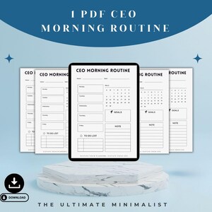 May include: A digital planner with the text "1 PDF CEO MORNING ROUTINE" displayed on a tablet and several sheets of paper. The planner includes sections for daily tasks, goals, and notes. The words "TO DO LIST" and "GOALS" are visible.