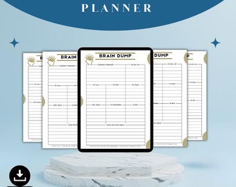 May include: A digital planner with the text "1 PDF Brain Dump Planner" and "Brain Dump" on the pages. The planner includes sections for random thoughts, to-do lists, new ideas, and more. The design is minimalist with a white and gold color scheme.