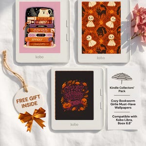 May include: Three white Kobo e-readers displaying digital illustrations of ghosts, books, and pumpkins. One screen shows a stack of books with the text 'Ghost Stories It's Spooky Season'. A tag reads 'Free Gift Inside' and a card says 'Kindle Collectors' Pack'.