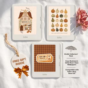 May include: Three white Kobo e-readers displaying digital autumn-themed wallpapers, including a bookstore, pumpkins, and a ticket graphic. A round gift tag with a brown ribbon and a white information card labeled Kindle Collectors' Pack are included.