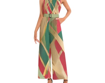 Woman's Red, Green and Gold Abstract Pattern Halter Neck Buckle Belted Jumpsuit