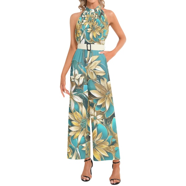 Woman's Gold and Teal Halter Neck Buckle Belted Jumpsuit