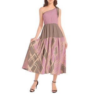 Pink and Gold Ruffle Hem One Shoulder Midi Dress