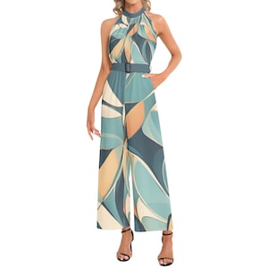 Green Abstract Floral Pattern Women&#39;s Halter Neck Buckle Belted Jumpsuit