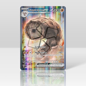 Pode incluir: Um cartão de negociação de Pokémon com Sandworm EX, uma criatura marrom e cinza com uma cabeça grande e redonda. O cartão tem um acabamento holográfico e apresenta o texto "Sandworm EX" e "HP 330".