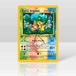 Może przedstawiać: Niestandardowa karta kolekcjonerska Pokémon z Bulbasaur, Charmander, Pikachu i Squirtle. Karta ma żółtą obwódkę i zawiera napisy "Kanto Originals" i "200 HP". Karta zawiera również szczegóły ataku i tekst "Custom Card - Not an Official Pokémon Product".